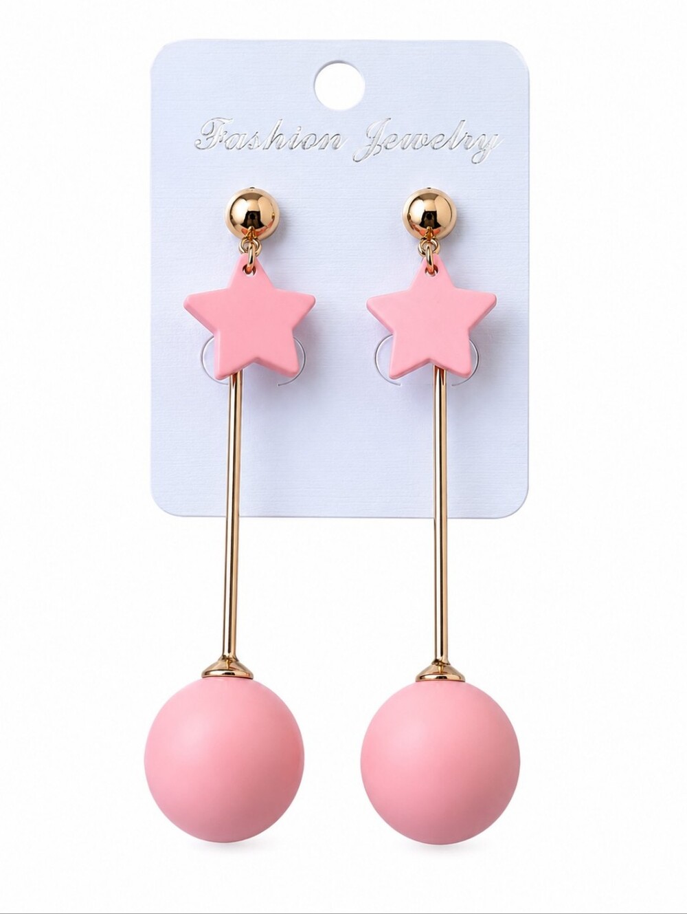 Pink Star & Ball Drop Earrings Gold Tone Long Dangle Cute Kawaii Statement Jewel